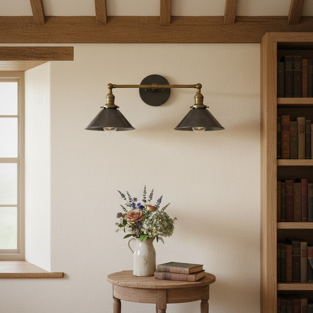 Conique Metal Industrial Wall Sconce with Dual Cone Shades - Vintage Metal Finish