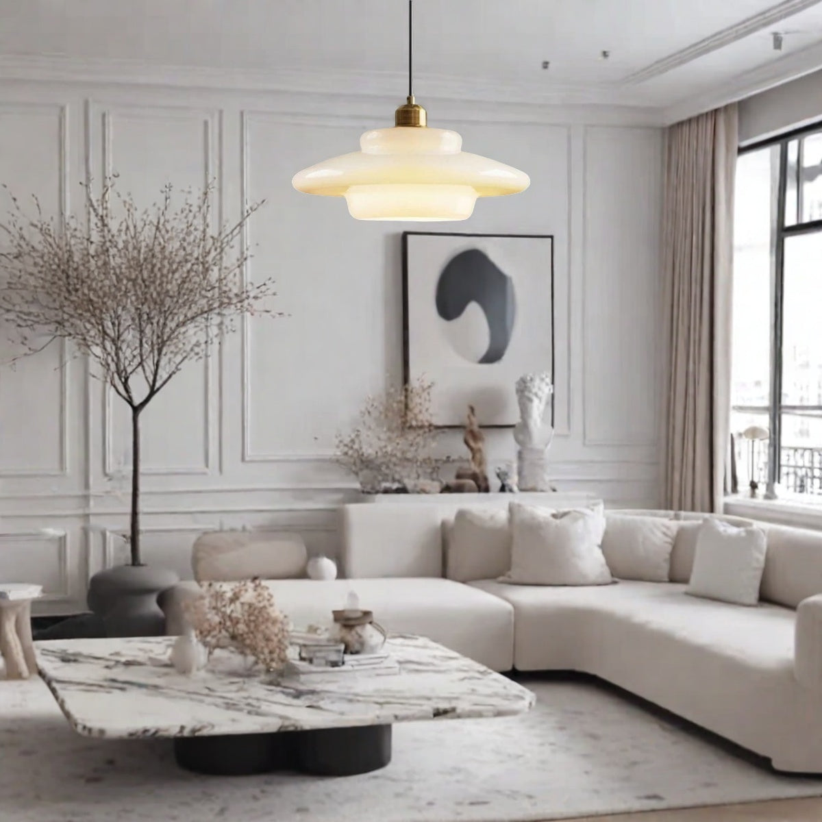 Art Deco Milk Glass Pendant Light – Mid-Century Style