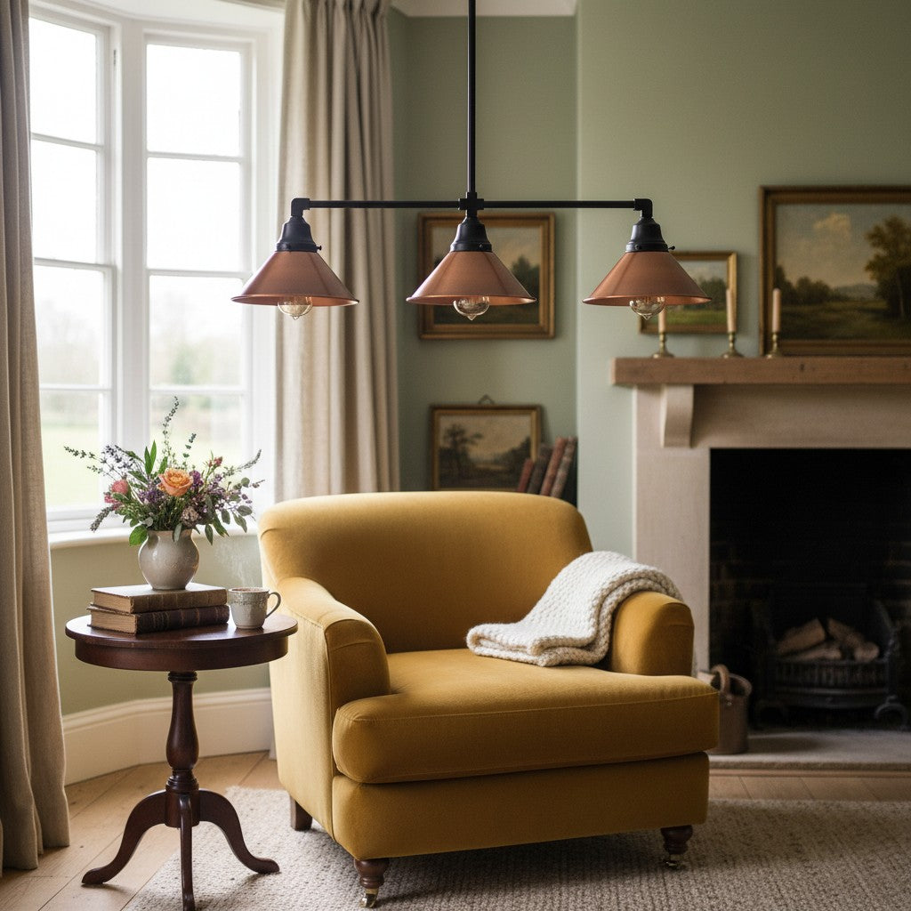 Conique Metal Hand-Aged Copper Chandelier - 3 Light Industrial Pendant - Island Lighting