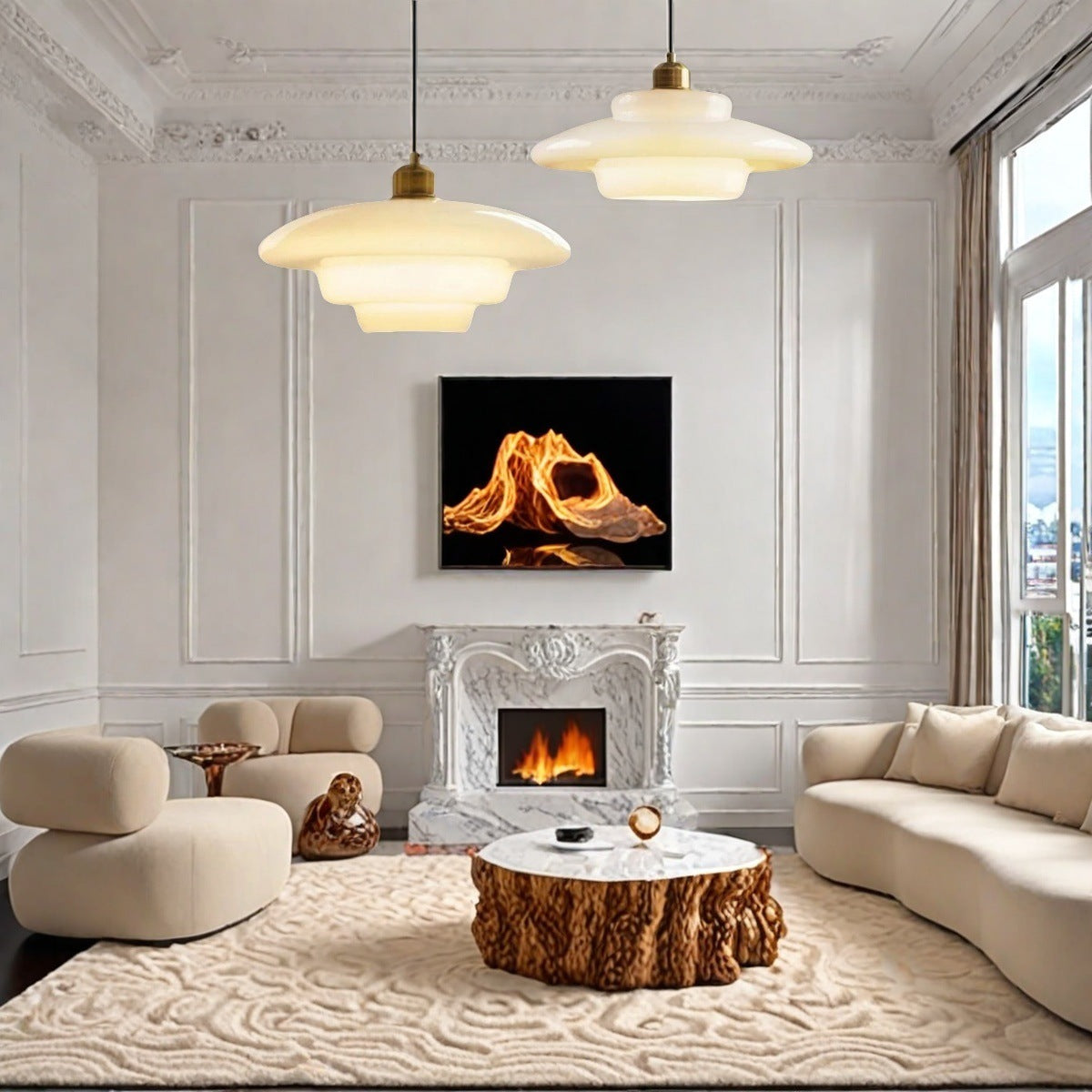 Art Deco Milk Glass Pendant Light – Mid-Century Style