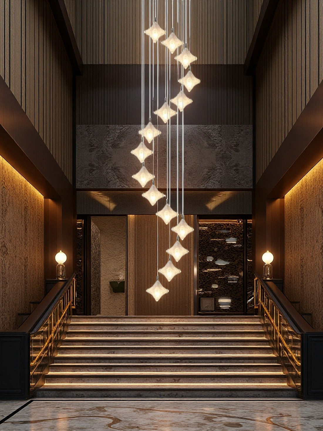 Art Deco Star Staircase Pendant Light -Frosted Glass Hanging Fixture-Astris Altair