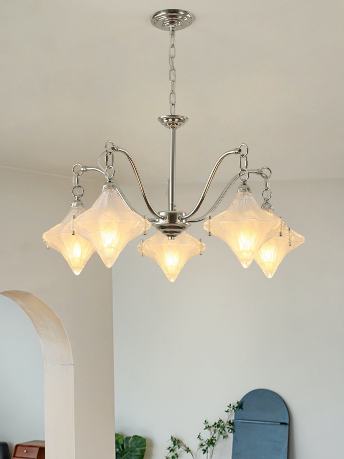 Art Deco Astris Star Chandelier -Frosted Glass Deco Fixture for Dining Room