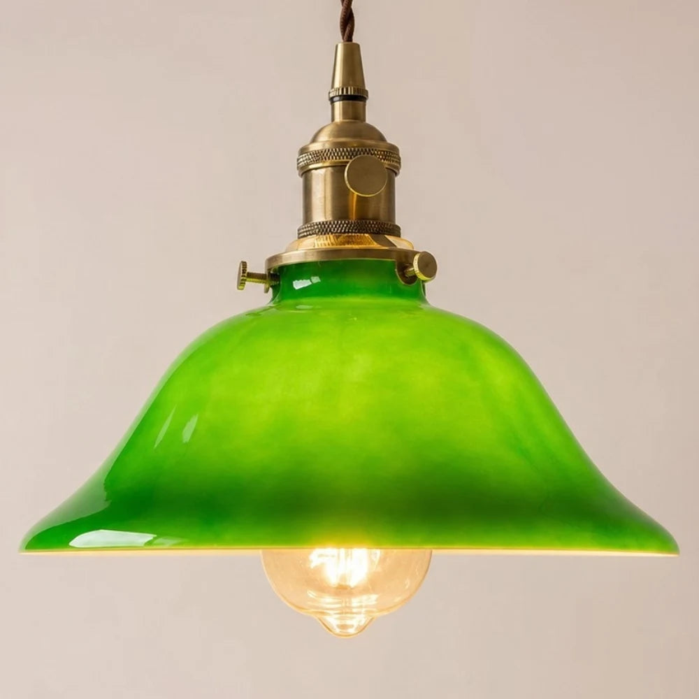 Glowing green glass pendant lamp underside detail