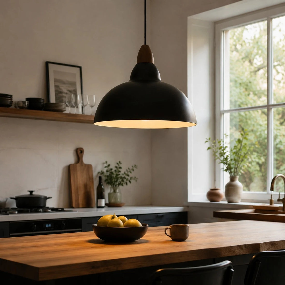 black pendant light over a warm kitchen worktop