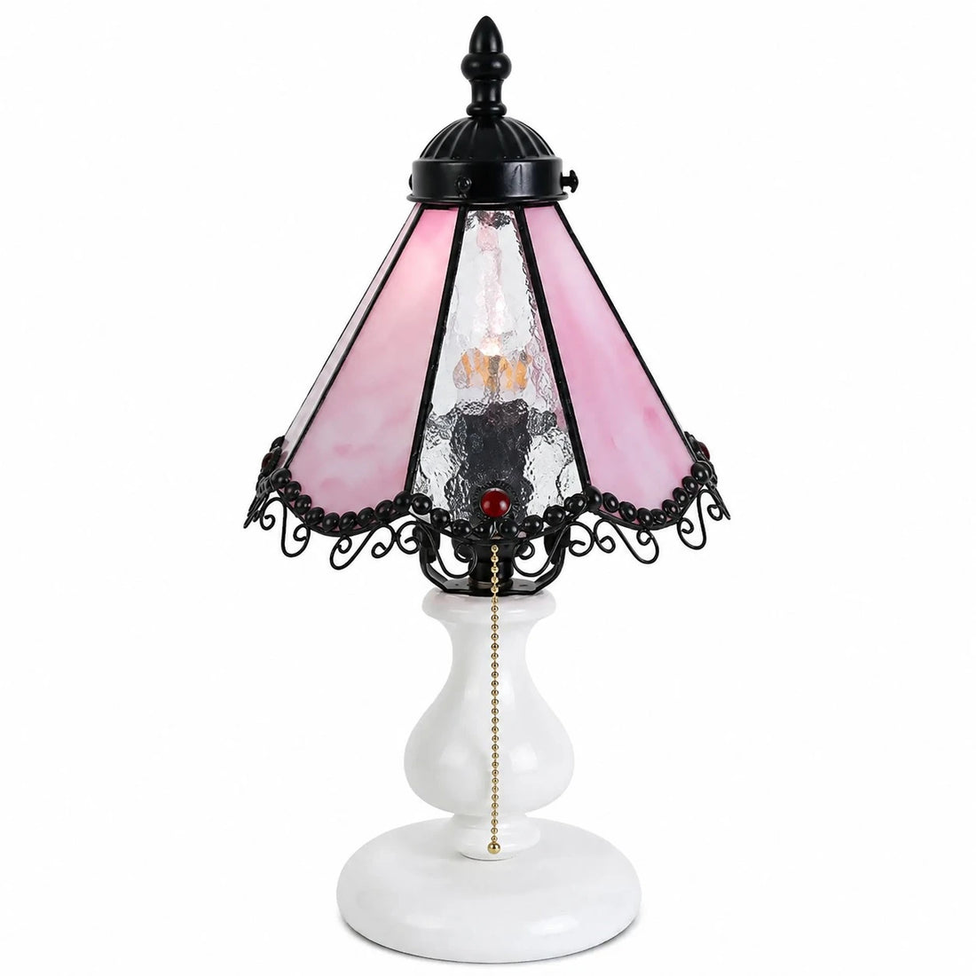 Cherry blossom pink vintage stained glass table lamp on a white background