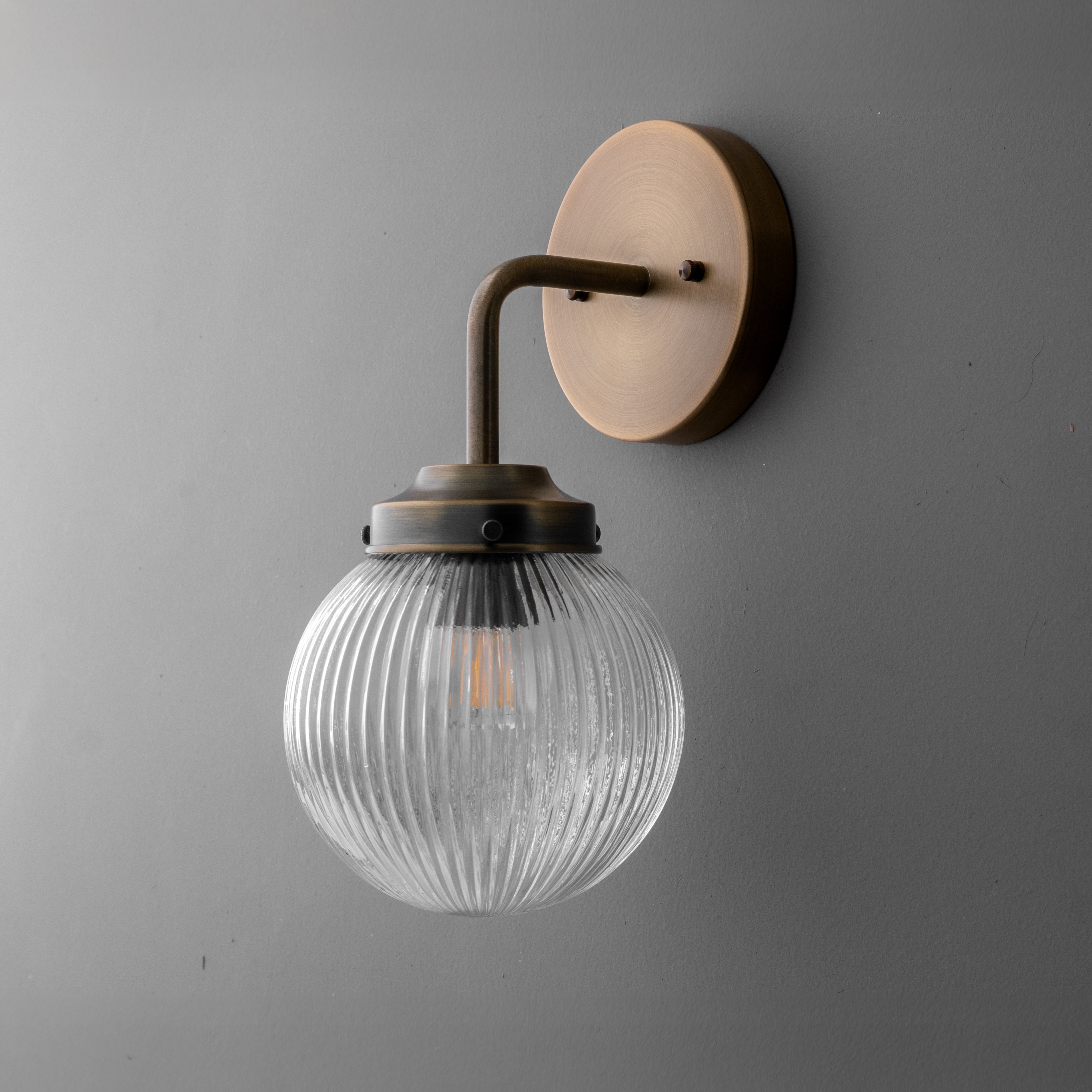 Glorica Glass Aged Brass Wall Sconce - Ribbed Glass Shade Industrial Style Lighting