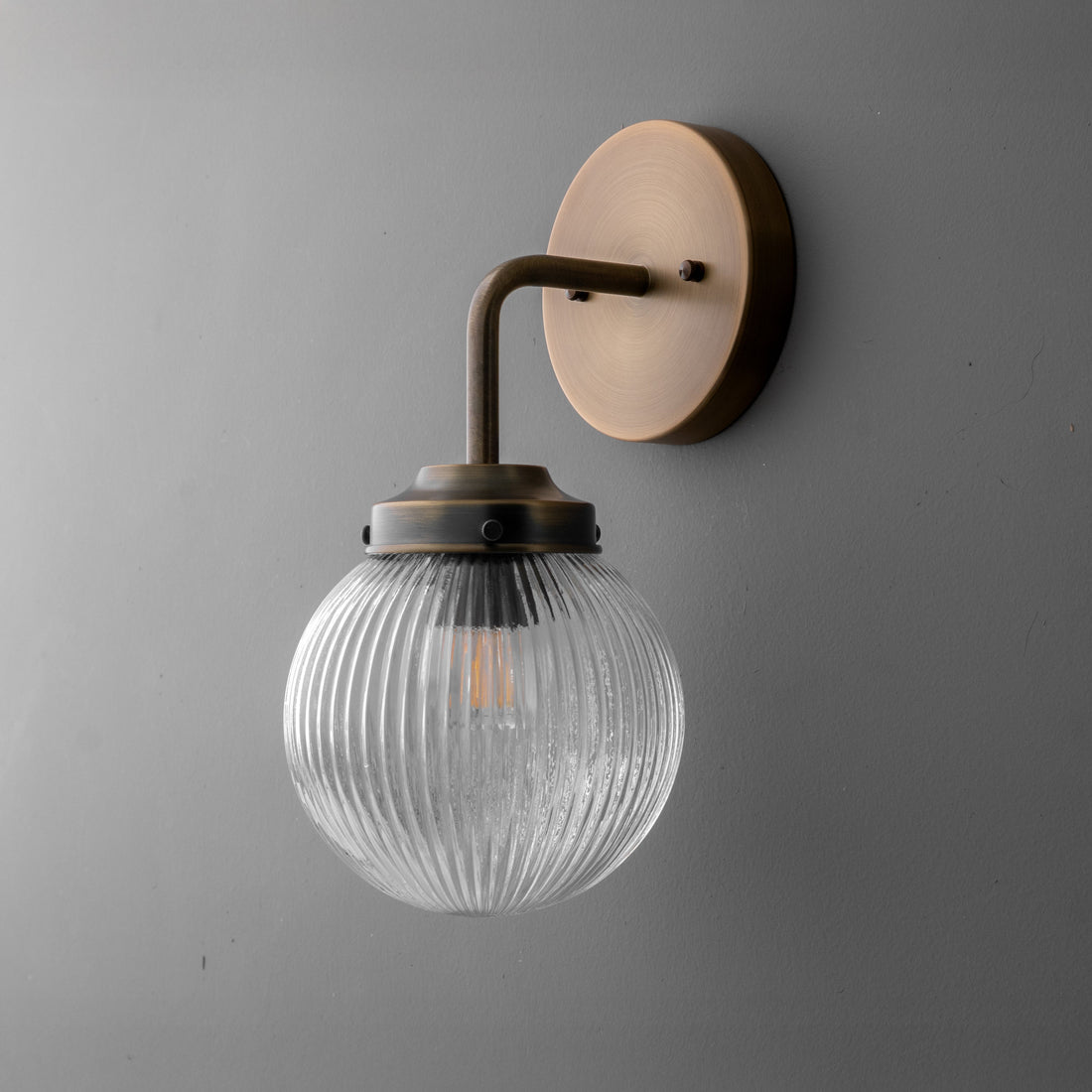 Glorica Glass Aged Brass Wall Sconce - Ribbed Glass Shade Industrial Style Lighting