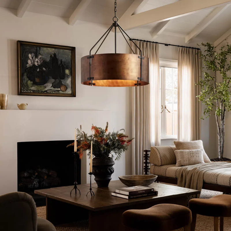 Suspension tambour vintage – Laiton de haute qualité, lumière chaude, installation facile