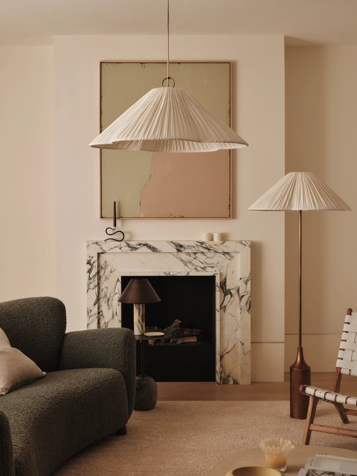 Lindi - aged brass and linen oversized scalloped pendant