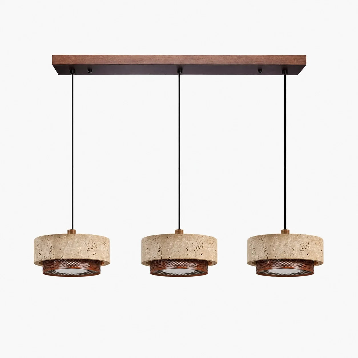 three head natural travertine walnut pendant light