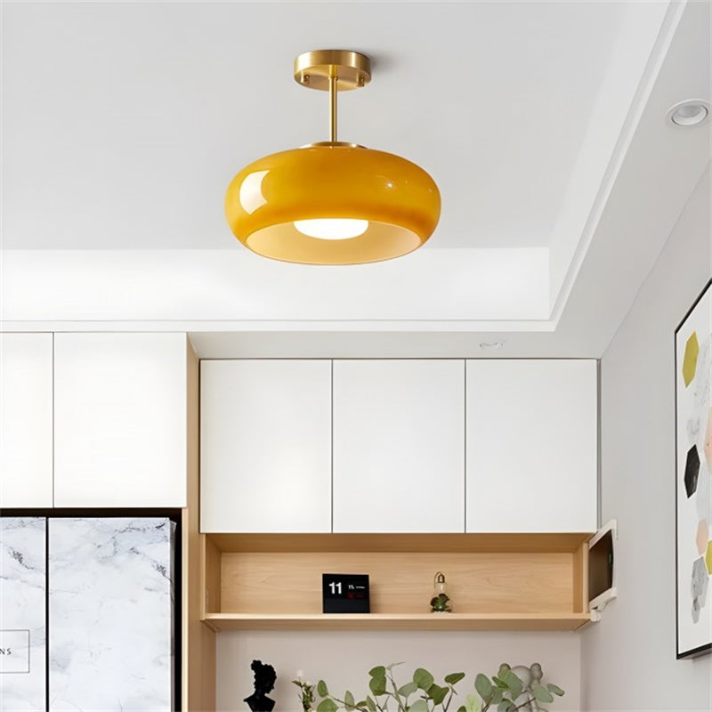 Glass Disc Ceiling Light – Vintage Brass Bauhaus Fixture for Hallway