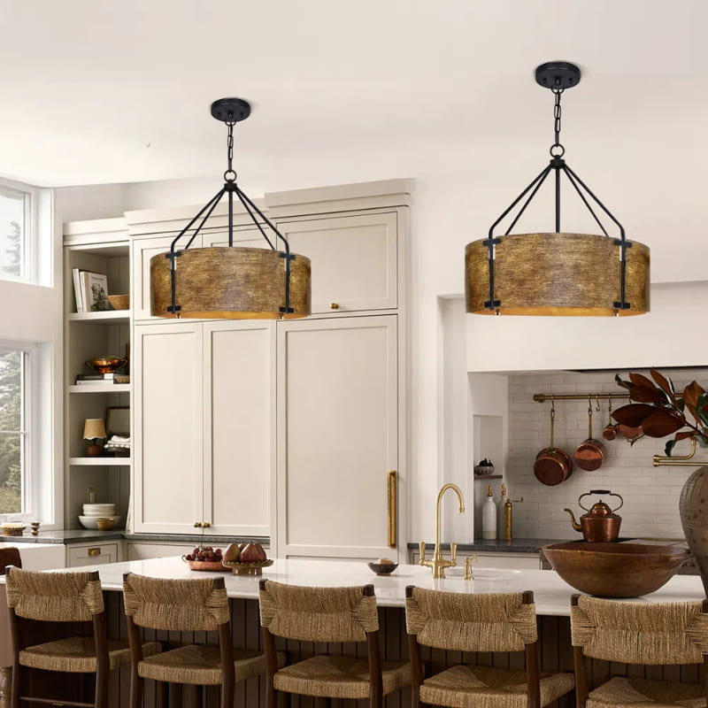 Suspension tambour vintage – Laiton de haute qualité, lumière chaude, installation facile