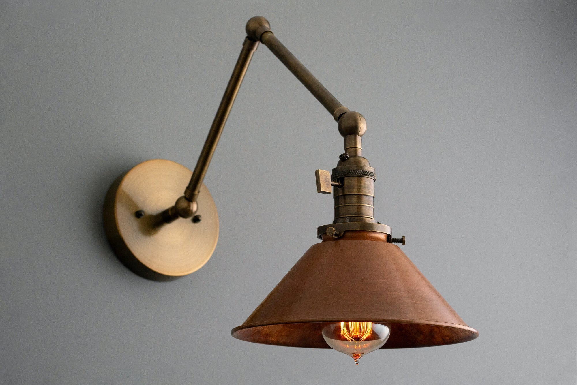 Conique Metal Industrial Wall Sconce with Adjustable Arm - Vintage Copper Cone Shade for Task Lighting
