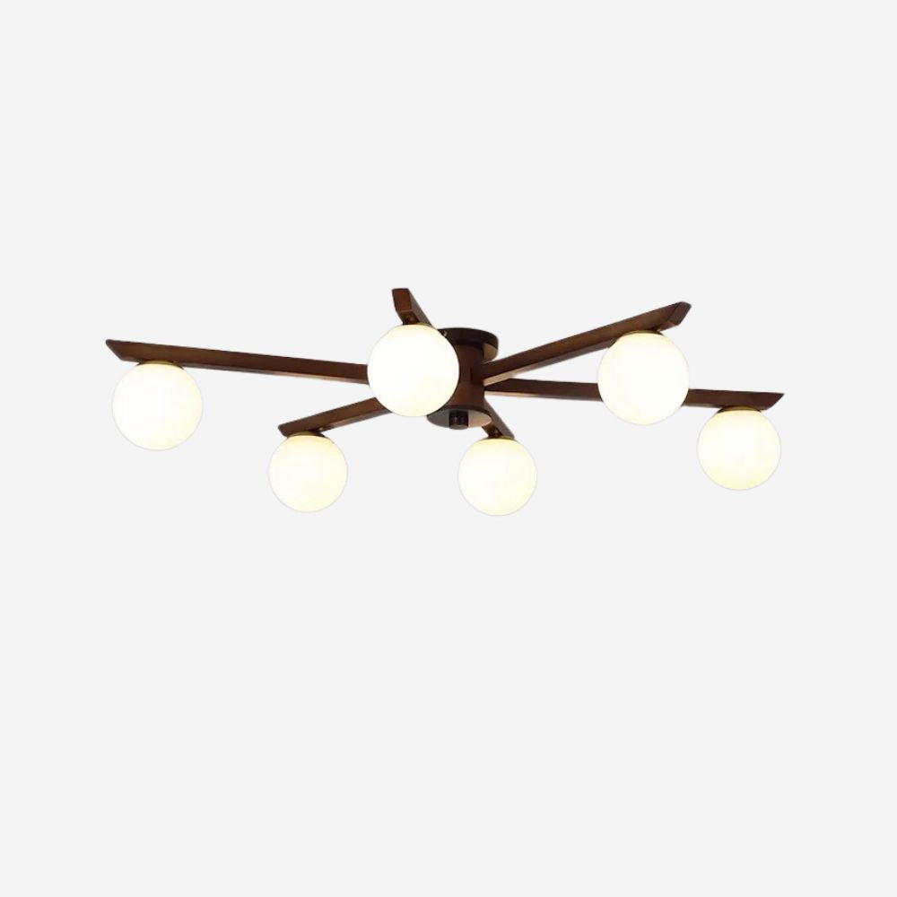 Wood Sputnik Ceiling Lamp - Modern Glass Orb LED Light for Dining Room