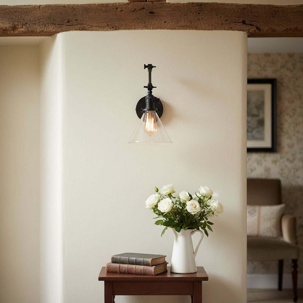 Conique Metal Industrial Wall Sconce with Adjustable Arm - Vintage Glass Cone Shade