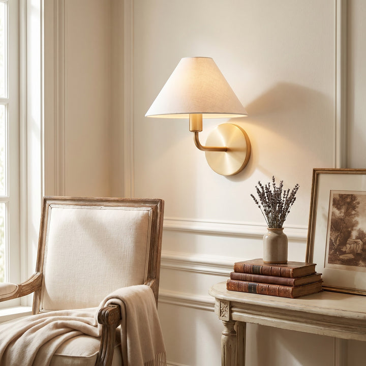 Diora Modern Brass Wall Sconce - Tapered Linen Shade Lamp for Bedroom