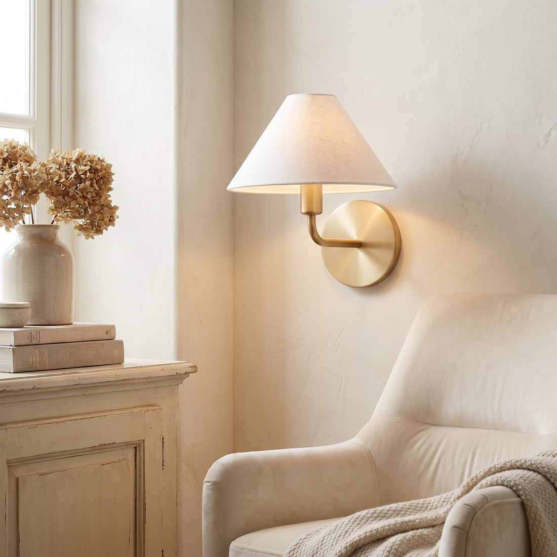Diora Modern Brass Wall Sconce - Tapered Linen Shade Lamp for Bedroom