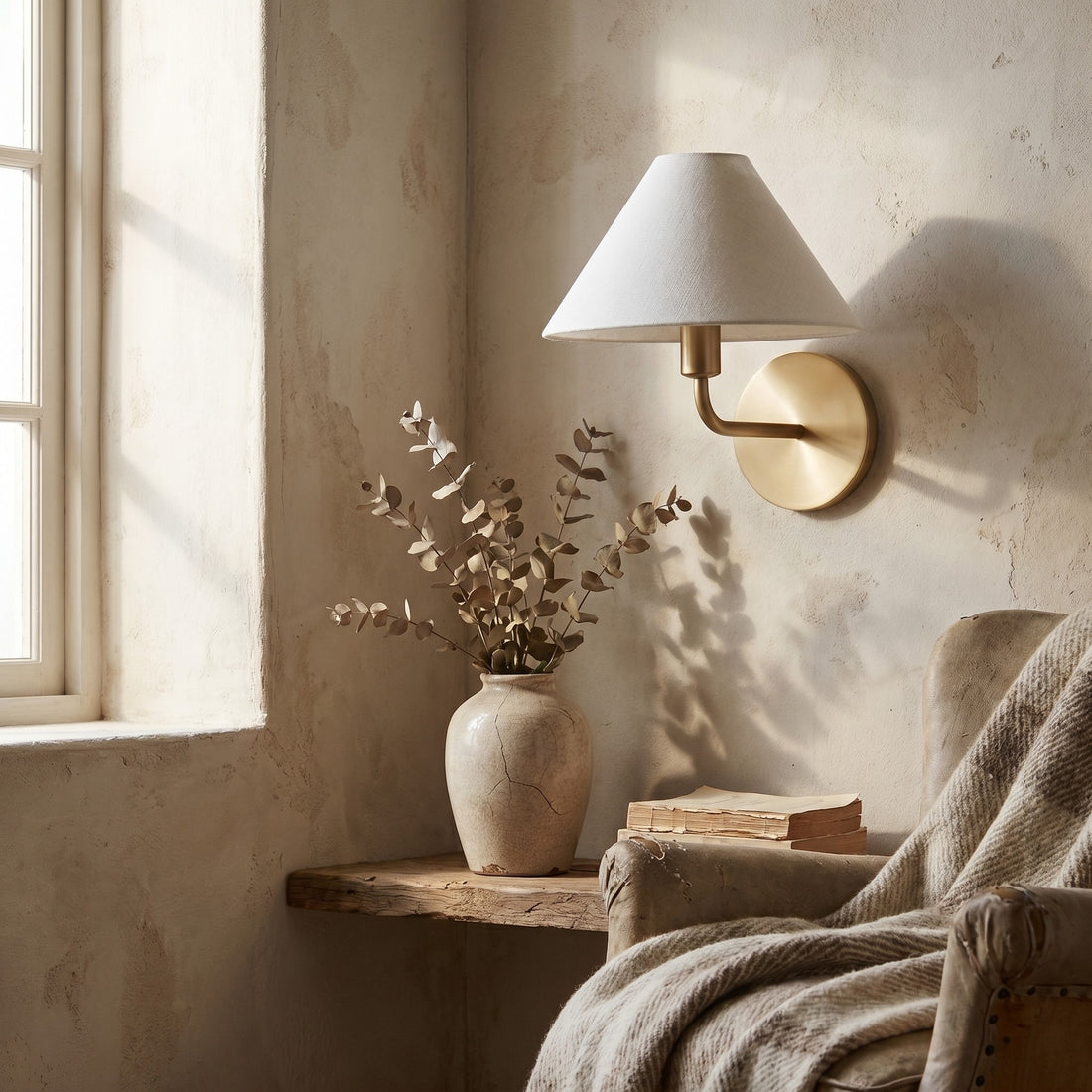 Diora Modern Brass Wall Sconce - Tapered Linen Shade Lamp for Bedroom