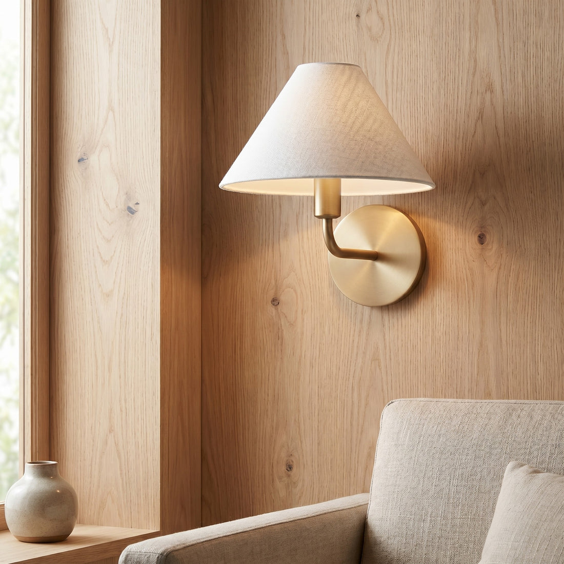 Diora Modern Brass Wall Sconce - Tapered Linen Shade Lamp for Bedroom