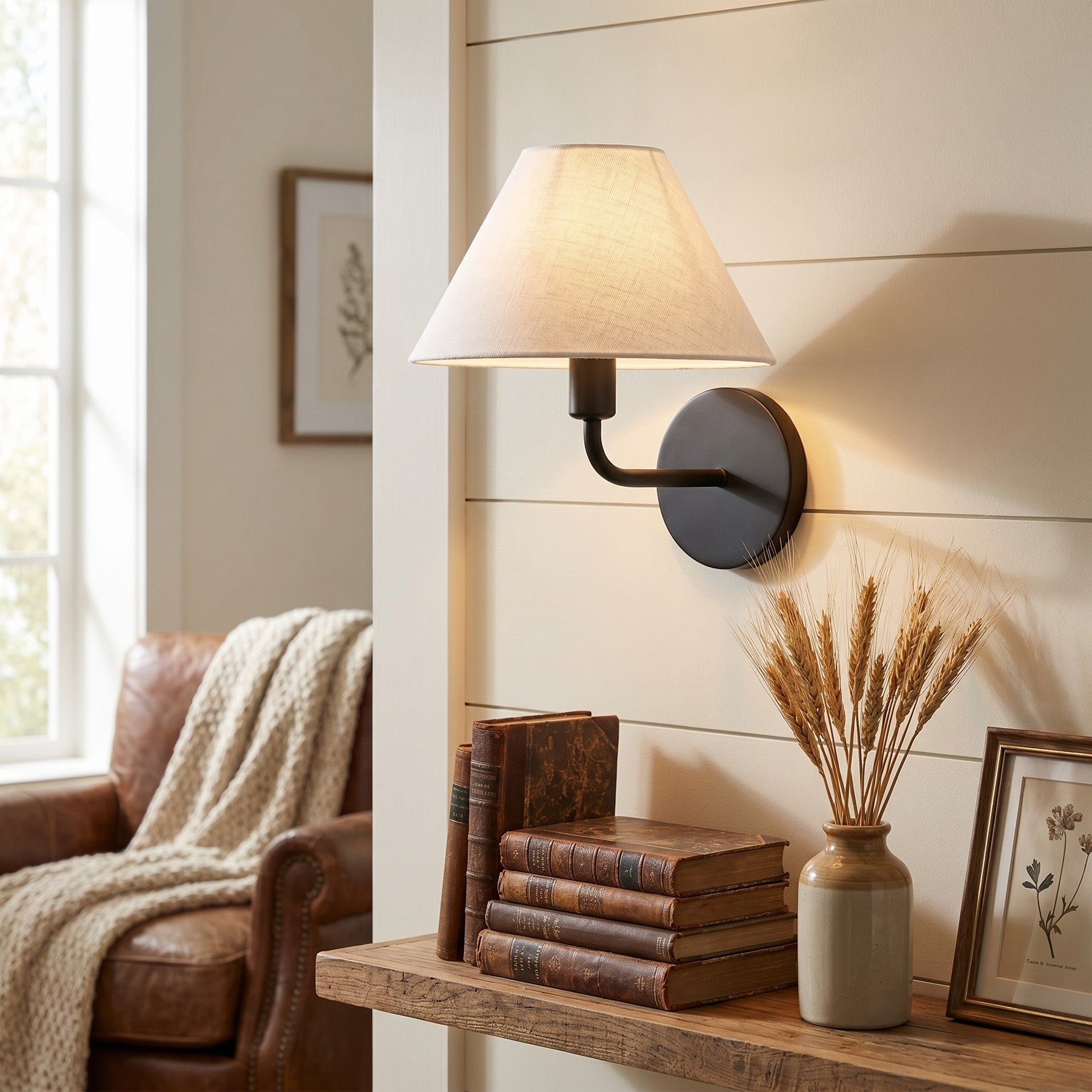 Diora Modern Brass Wall Sconce - Tapered Linen Shade Lamp for Bedroom