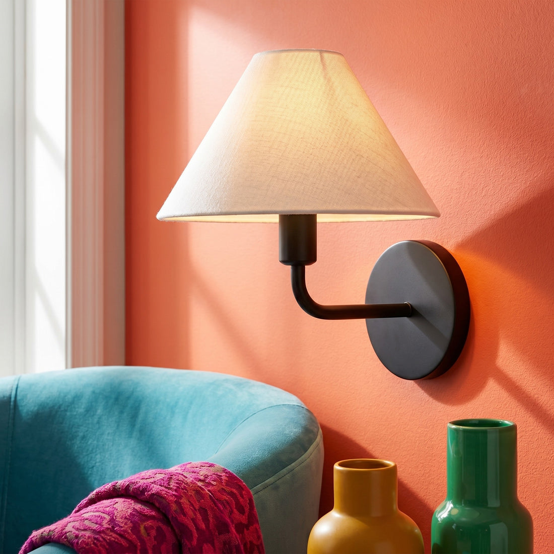 Diora Modern Brass Wall Sconce - Tapered Linen Shade Lamp for Bedroom