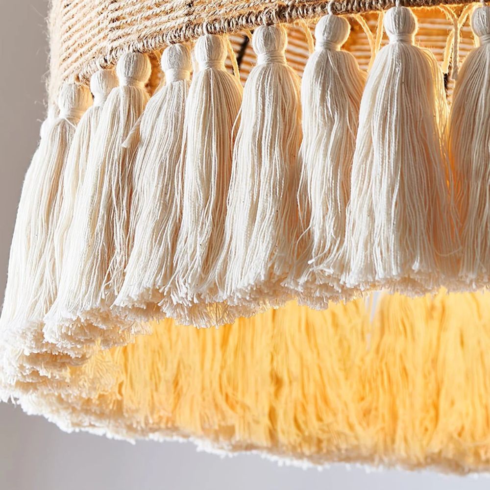 Boho Woven Tassel Pendant Light - Jute Rope Dome Shade for Living Room