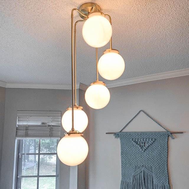 Glorica Glass 5 Globe Chandelier - Brass and Opal Glass Vintage Pendant Light