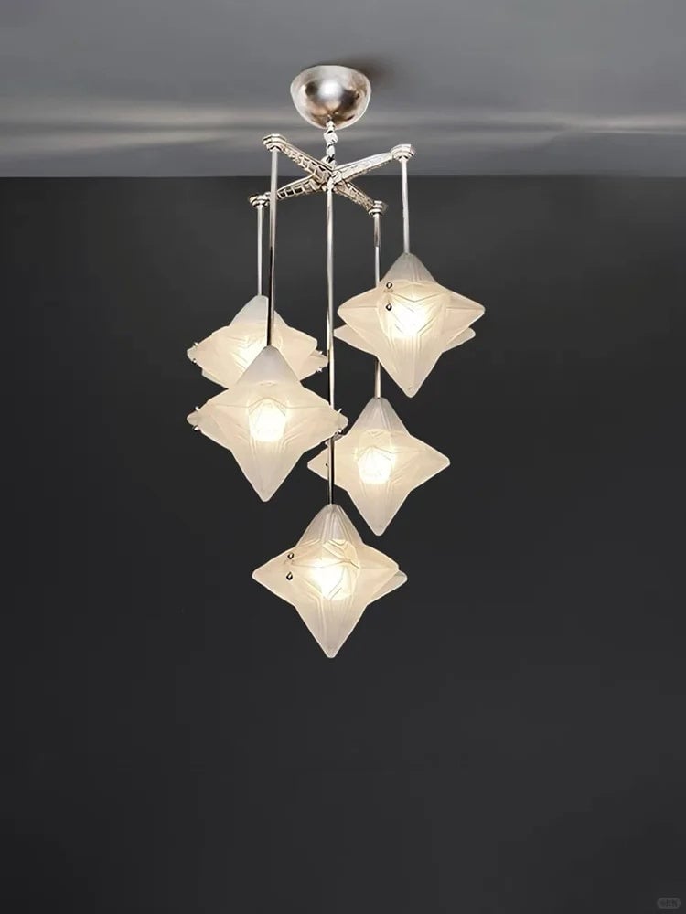 Art Deco Astris Star Chandelier -Frosted Glass Deco Fixture for Dining Room