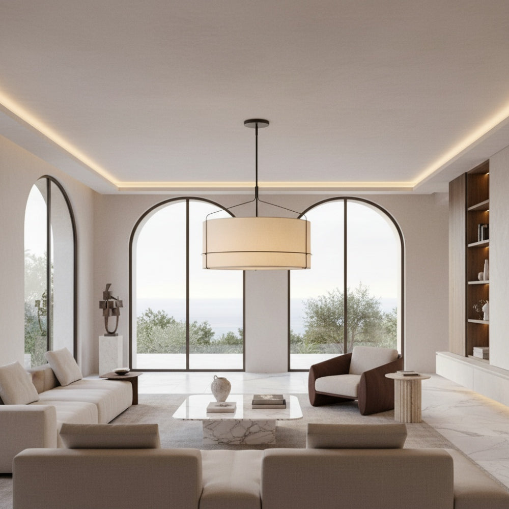 Horelia Linen Drum Pendant Light - Industrial Metal Light for Bedroom