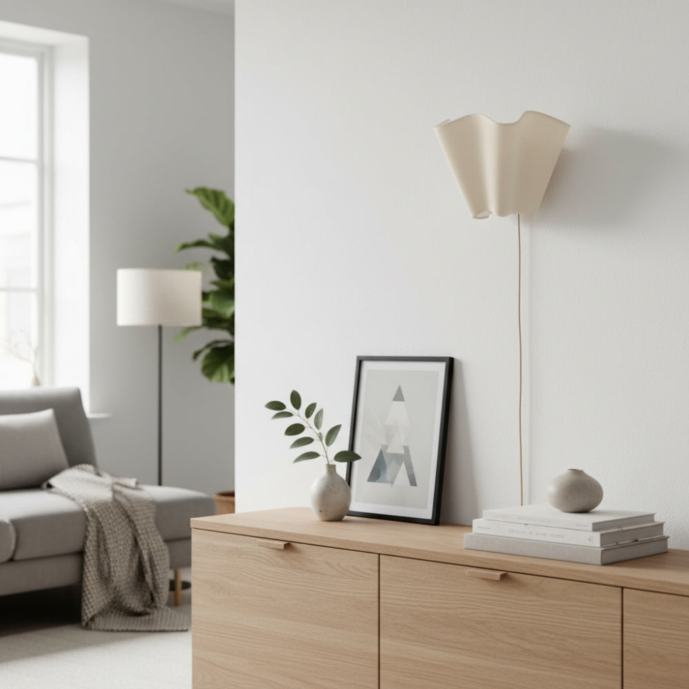 Oslan Scalloped Ivory Linen Wall Light - Modern Plug-In Bedroom Sconce