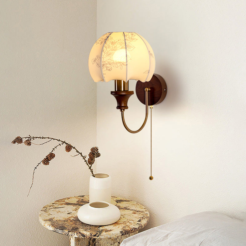 French Fabric Patterned Buds Shape Wall Lamp With Classic Castellated Lantern For Corridor