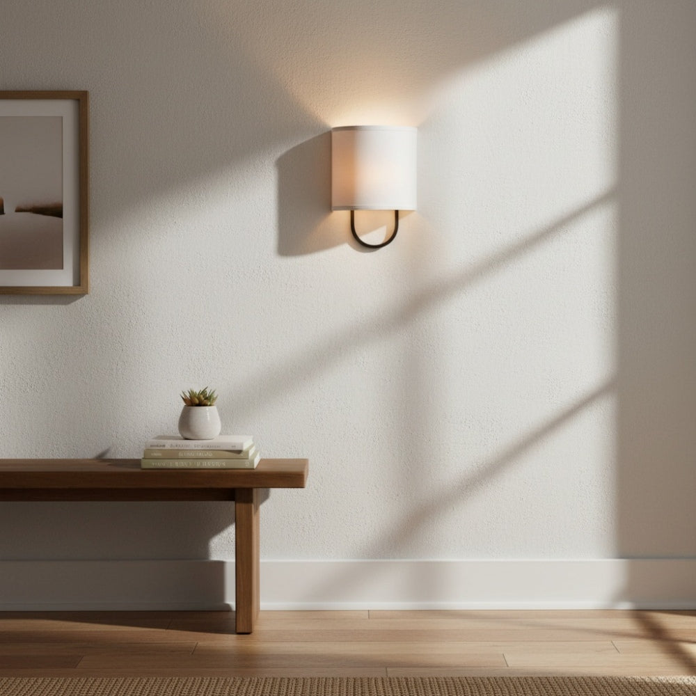 Nolvara Fabric Shade Wall Sconce - Metal Arm Elegant Light for Bedroom