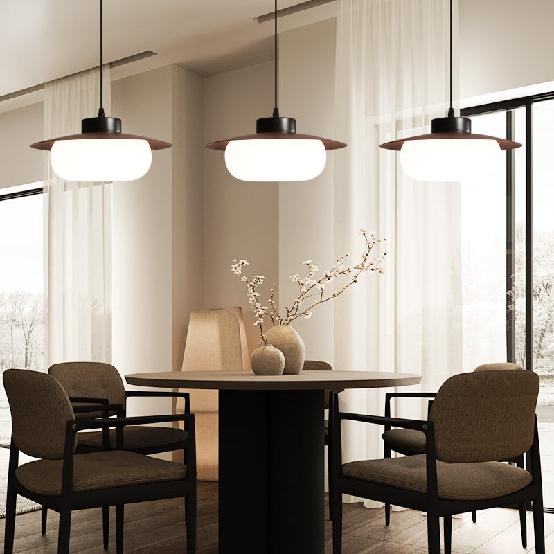 Artistic Walnut UFO Shape Pendant Light With Artisanal Mystified Disc For Restaurant