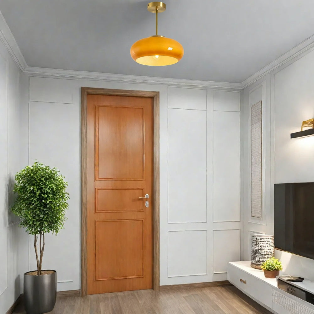 Glass Disc Ceiling Light – Vintage Brass Bauhaus Fixture for Hallway