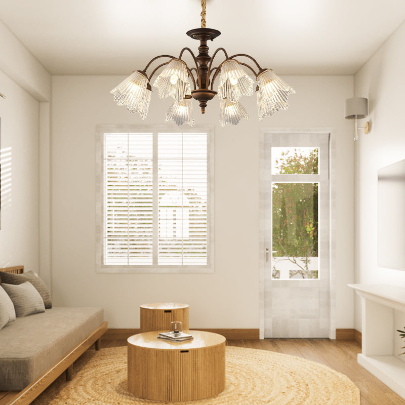 Medieval Style Multi-head Metal Chandelier With Foliaged Glass For Living Room