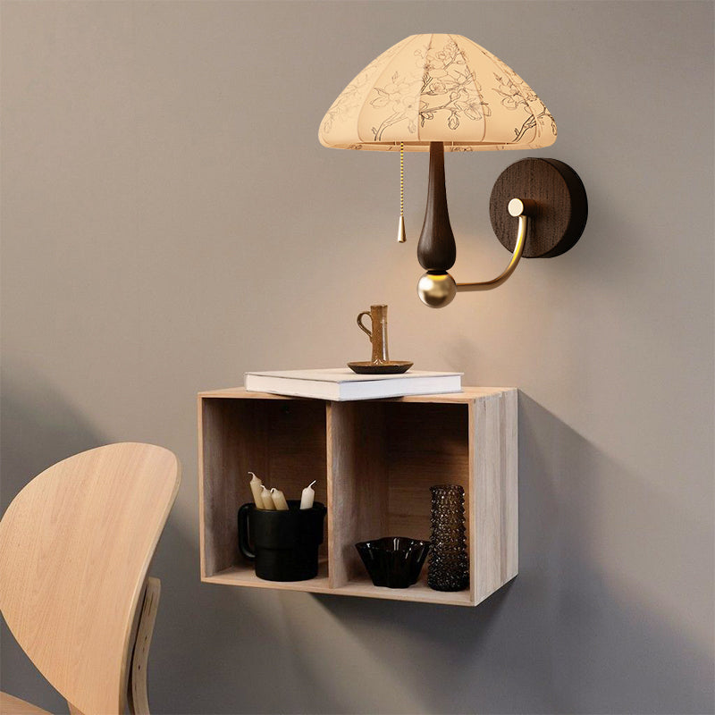 Retro Fabric Pattern Mushroom Wall Lamp With Foliaged Silk For Study