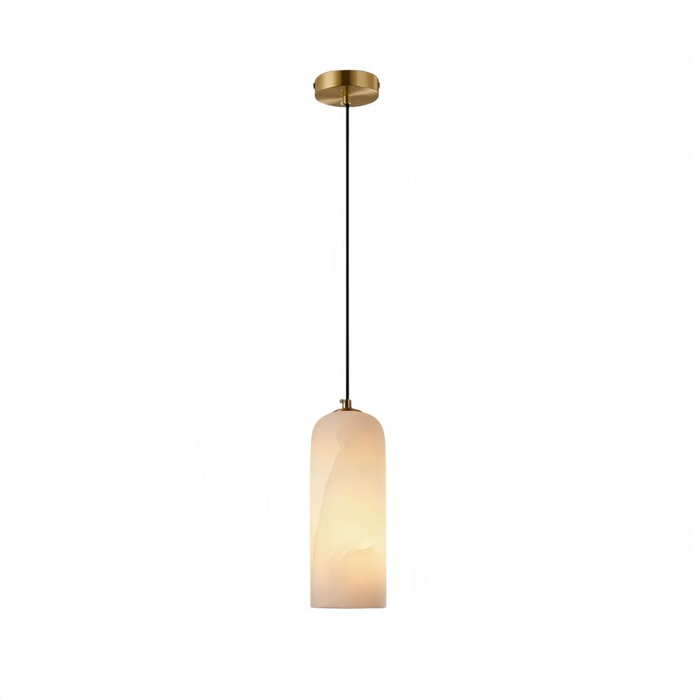 Mid Century Brass Pendant Light - Cylindrical Alabaster Bedside Lamp