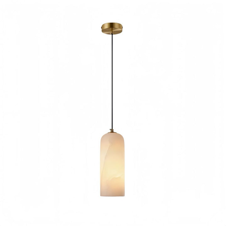 Mid Century Brass Pendant Light - Cylindrical Alabaster Bedside Lamp