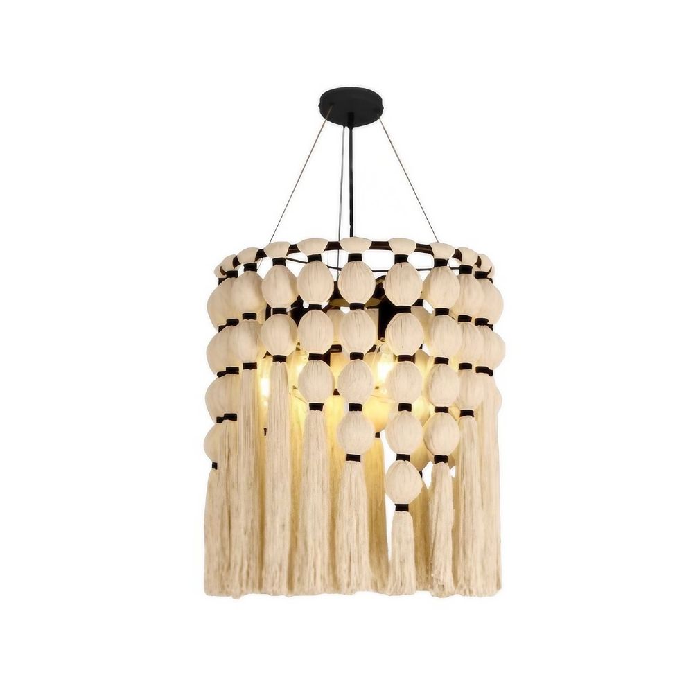 White Tassel Chandelier - Boho Fringe Cotton Lighting for Living Room