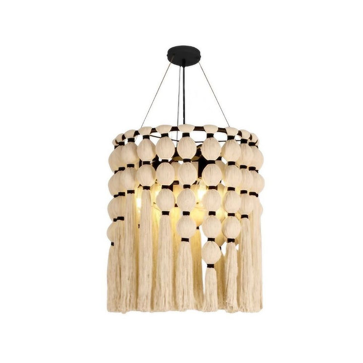 White Tassel Chandelier - Boho Fringe Cotton Lighting for Living Room
