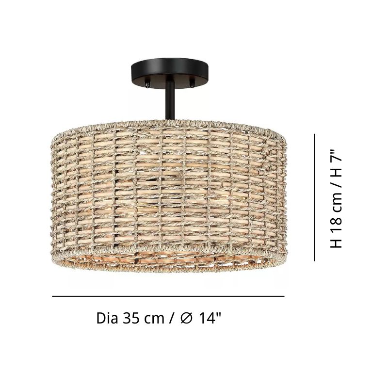 Flush Mount Rattan Ceiling Light - Woven Drum Shade Design