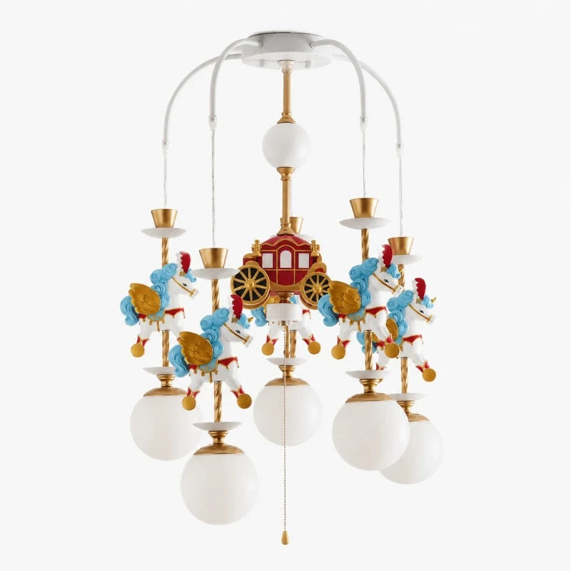 Carousel style children room chandelier with multiple globe shades