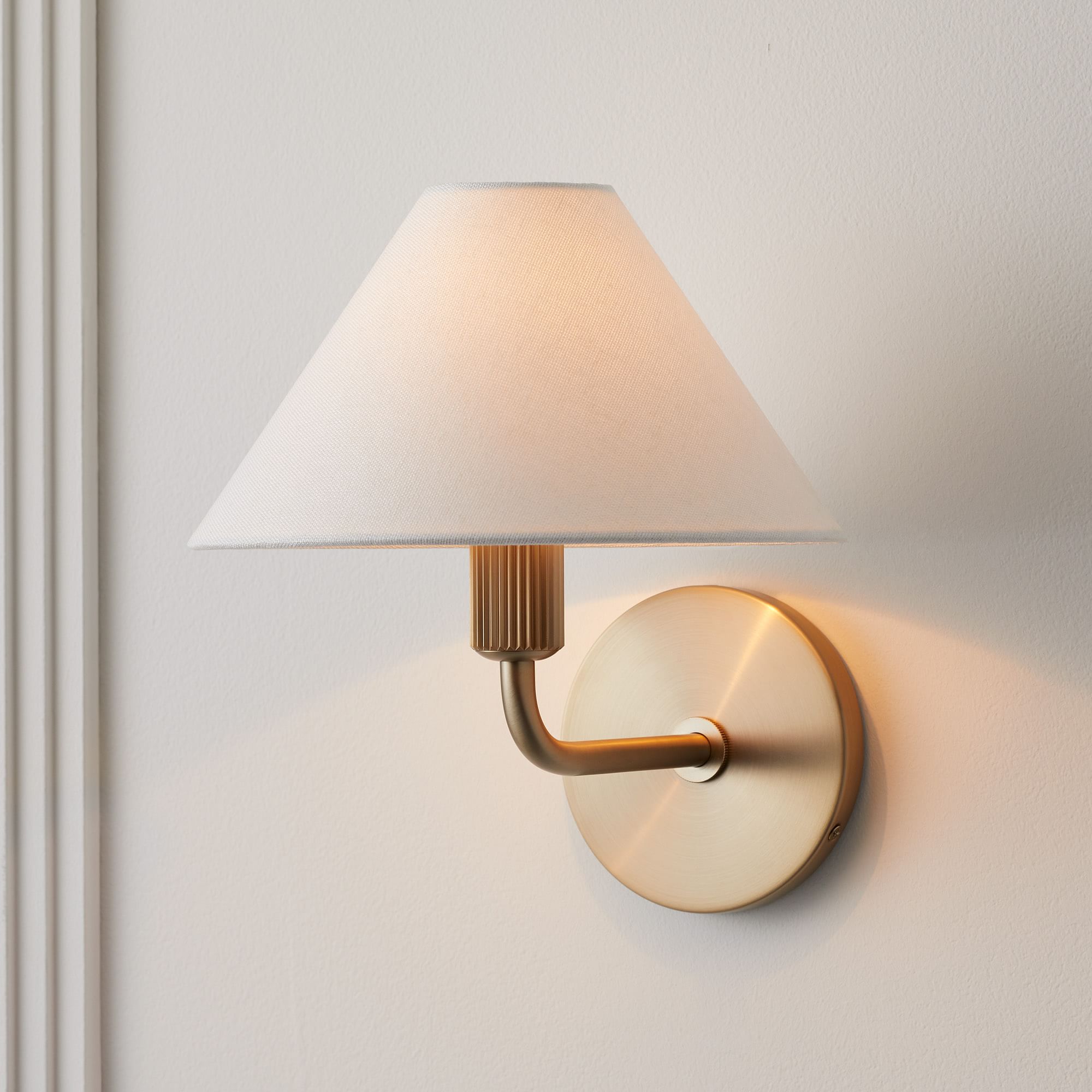 Diora Modern Brass Wall Sconce - Tapered Linen Shade Lamp for Bedroom