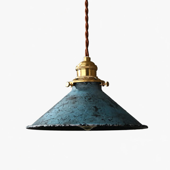 Distressed blue cone pendant lamp on white background