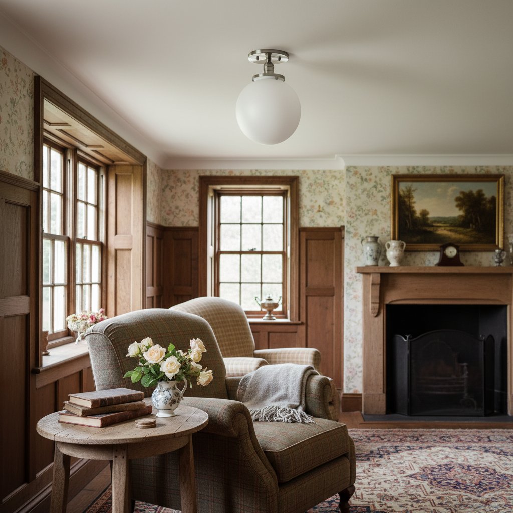 Glorica Glass Mid Century Semi Flush Ceiling Light - White Opal Glass Globe Fixture