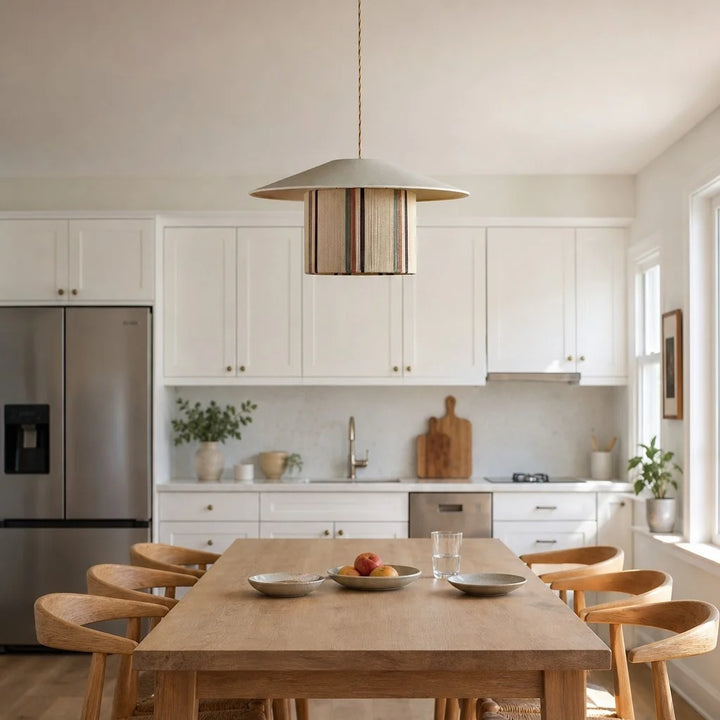 Wabi-sabi fabric pendant lamp over a dining table