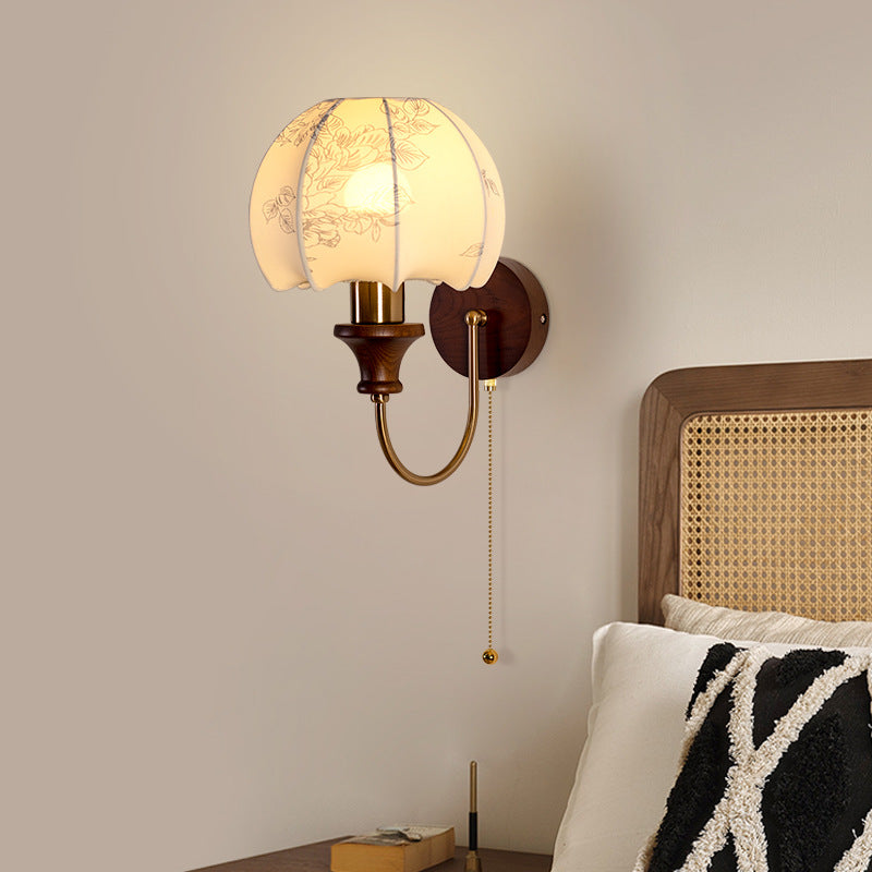 French Fabric Patterned Buds Shape Wall Lamp With Classic Castellated Lantern For Corridor