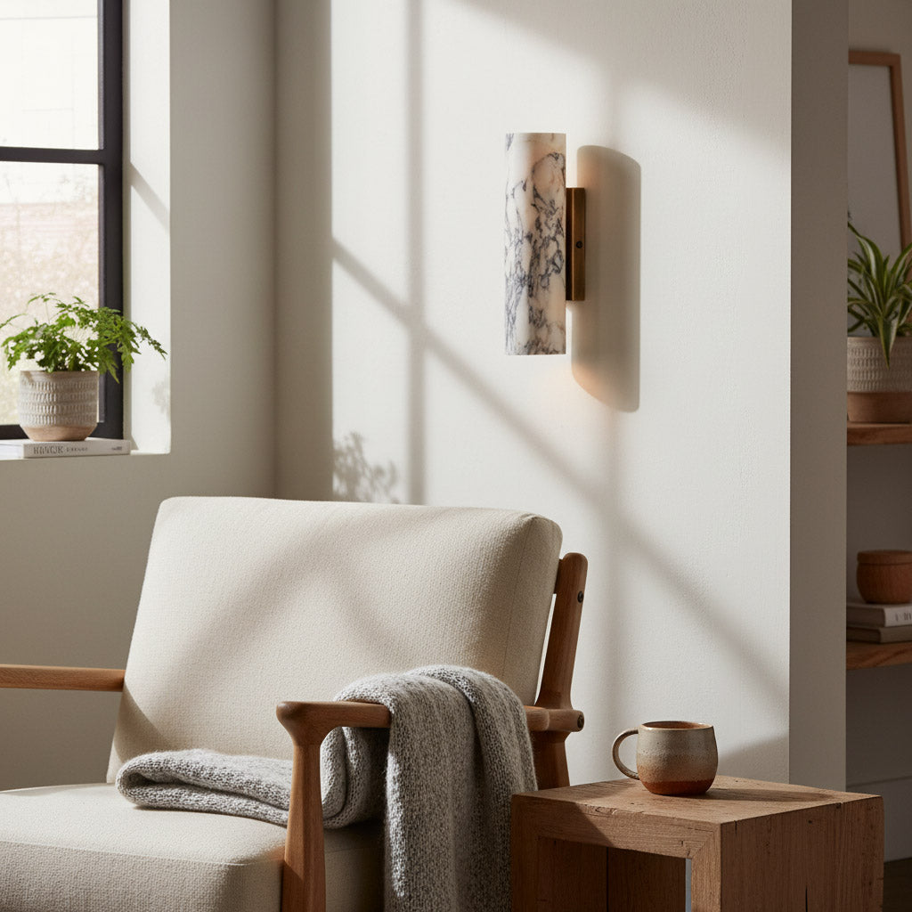 Wolvina Natural Marble Tube Sconce with Sleek Metal Details