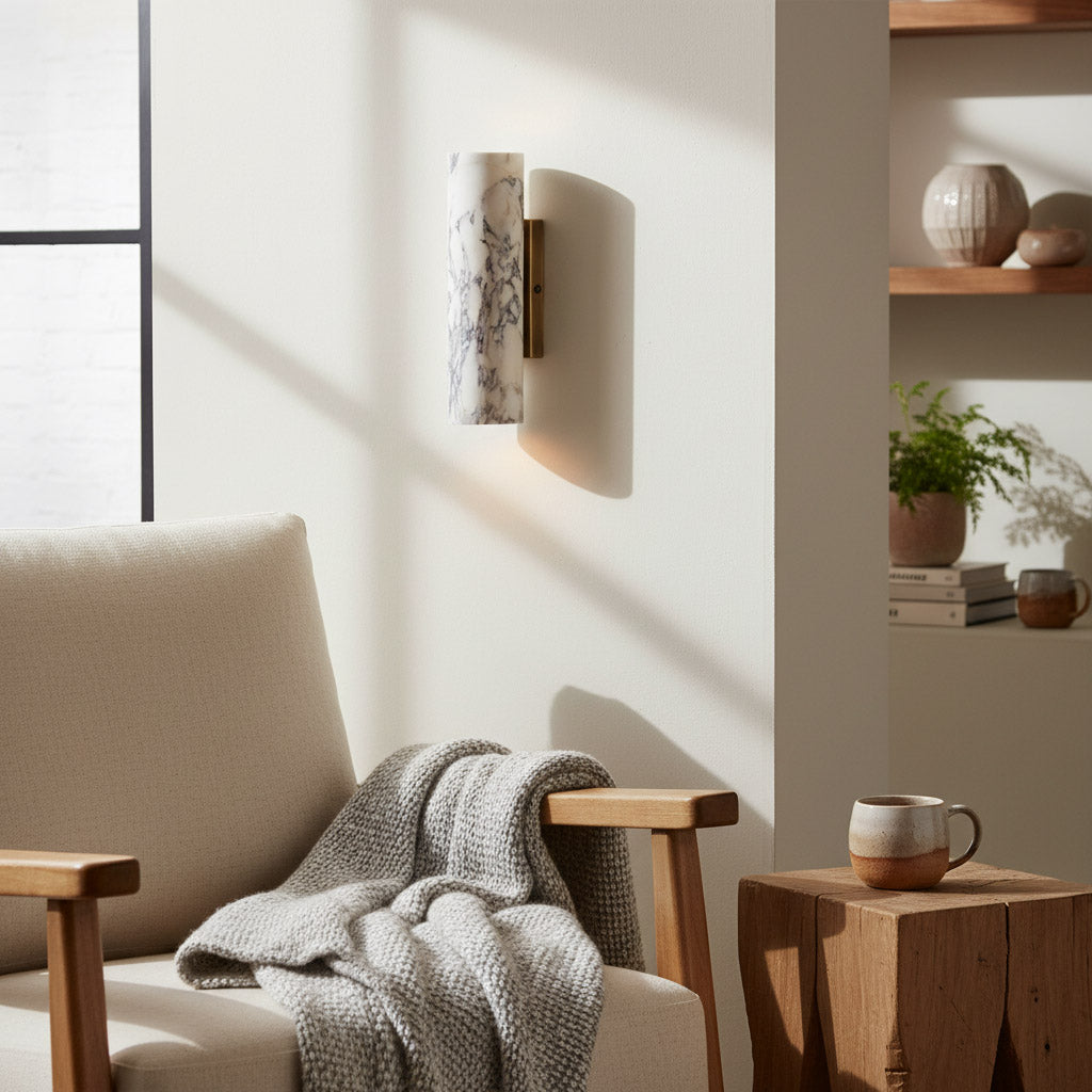 Wolvina Natural Marble Tube Sconce with Sleek Metal Details