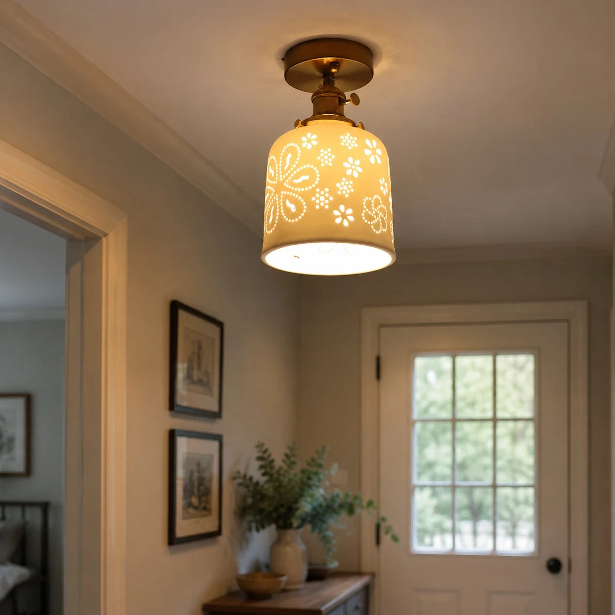 Flush mount ceramic ceiling light in a warm entryway